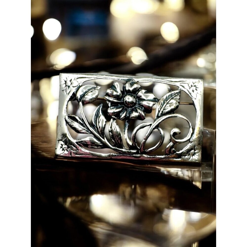 Vintage Sterling Silver Floral Brooch Pin - Picture 1 of 10